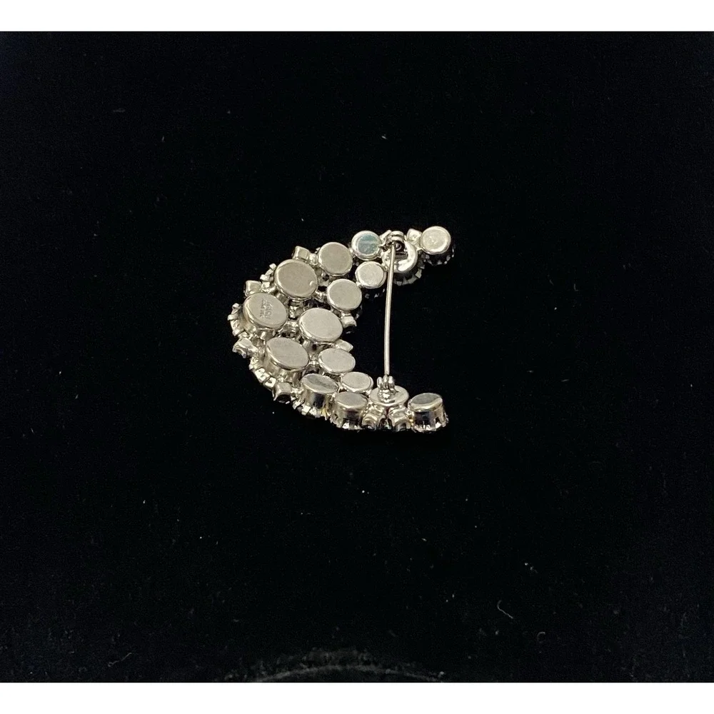 Vintage KARU Arke Blue‎ AB Rhinestone Crescent Moon Brooch Silver Tone Excellent